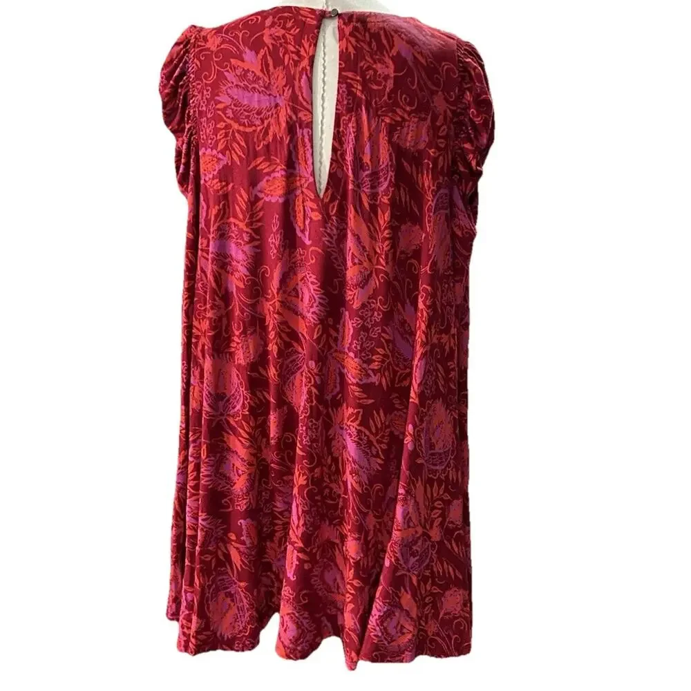 Free People Hello Lover Tunic Top XS Scarlet Combo Red V-Neck Puff Sleeve Boho